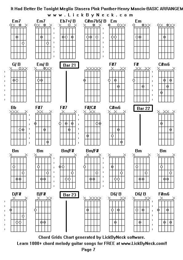 Chord Grids Chart of chord melody fingerstyle guitar song-It Had Better Be Tonight Meglio Stasera Pink Panther-Henry Mancin-BASIC ARRANGEMENT,generated by LickByNeck software.